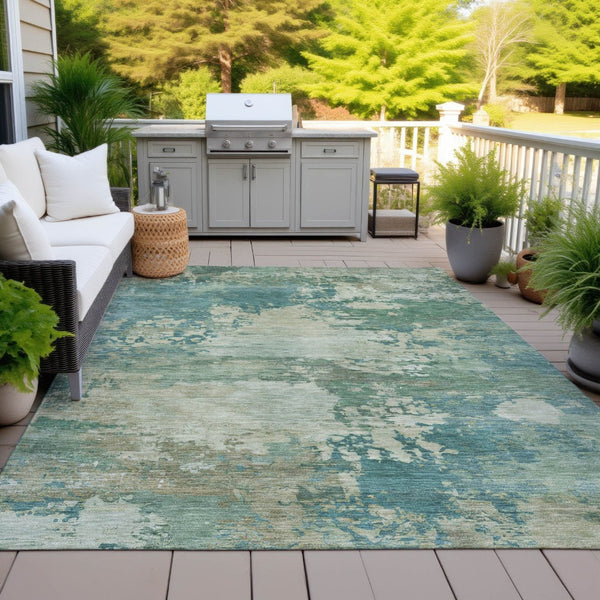 HomeRoots 5' Abstract Washable Rug in Teal, Beige & Denim Blue – Stylish, Durable for Indoor & Outdoor Spaces 5' X 8' 630748