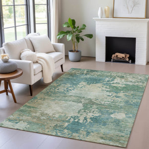 HomeRoots 5' Abstract Washable Rug in Teal, Beige & Denim Blue – Stylish, Durable for Indoor & Outdoor Spaces 5' X 8' 630748