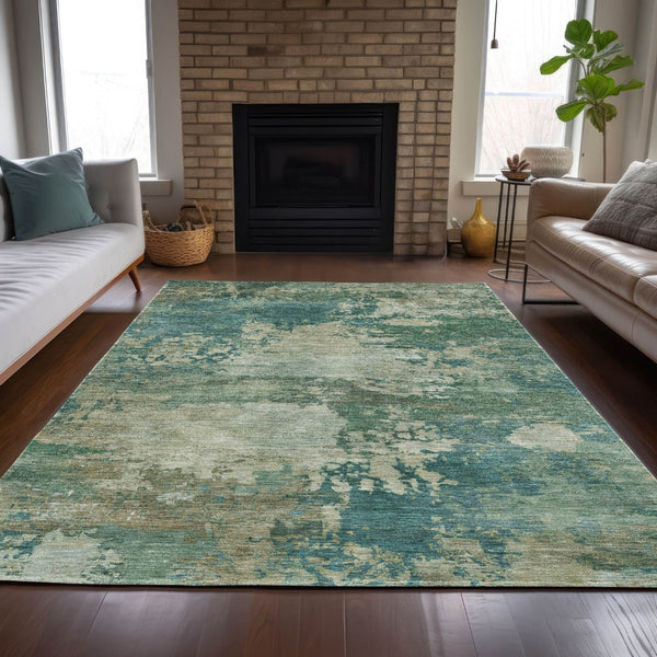 HomeRoots 5' Abstract Washable Rug in Teal, Beige & Denim Blue – Stylish, Durable for Indoor & Outdoor Spaces 5' X 8' 630748