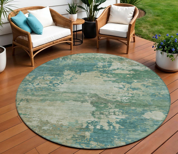 HomeRoots 5' Abstract Washable Rug in Teal, Beige & Denim Blue – Stylish, Durable for Indoor & Outdoor Spaces 8' Round 630749