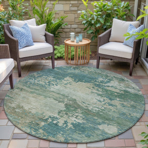 HomeRoots 5' Abstract Washable Rug in Teal, Beige & Denim Blue – Stylish, Durable for Indoor & Outdoor Spaces 8' Round 630749