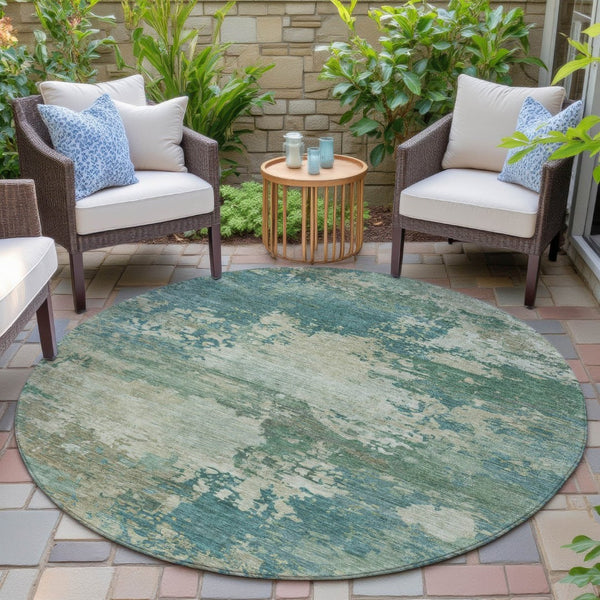 HomeRoots 5' Abstract Washable Rug in Teal, Beige & Denim Blue – Stylish, Durable for Indoor & Outdoor Spaces 8' Round 630749