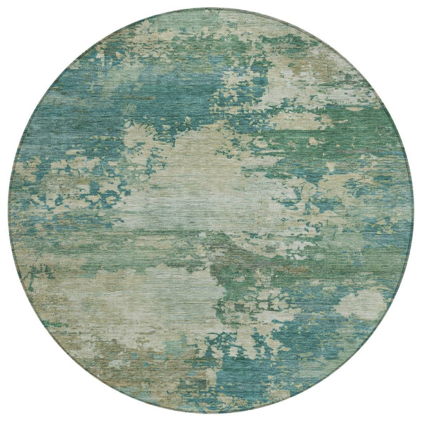 HomeRoots 5' Abstract Washable Rug in Teal, Beige & Denim Blue – Stylish, Durable for Indoor & Outdoor Spaces 8' Round 630749