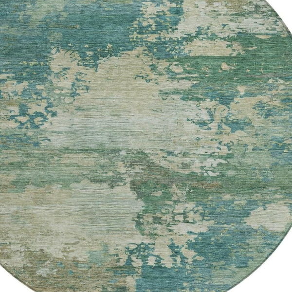 HomeRoots 5' Abstract Washable Rug in Teal, Beige & Denim Blue – Stylish, Durable for Indoor & Outdoor Spaces 8' Round 630749