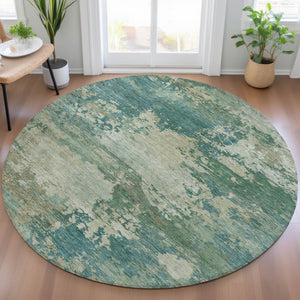 HomeRoots 5' Abstract Washable Rug in Teal, Beige & Denim Blue – Stylish, Durable for Indoor & Outdoor Spaces 8' Round 630749