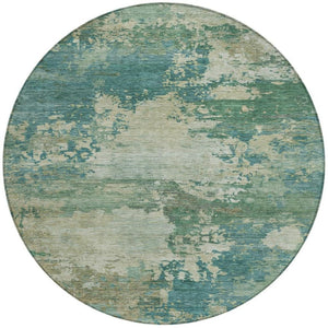 HomeRoots 5' Abstract Washable Rug in Teal, Beige & Denim Blue – Stylish, Durable for Indoor & Outdoor Spaces 8' Round 630749