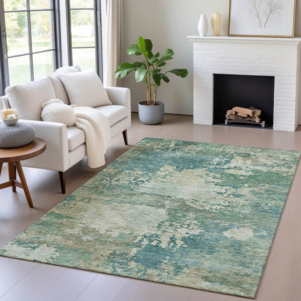 HomeRoots 5' Abstract Washable Rug in Teal, Beige & Denim Blue – Stylish, Durable for Indoor & Outdoor Spaces 10' X 14' 630752
