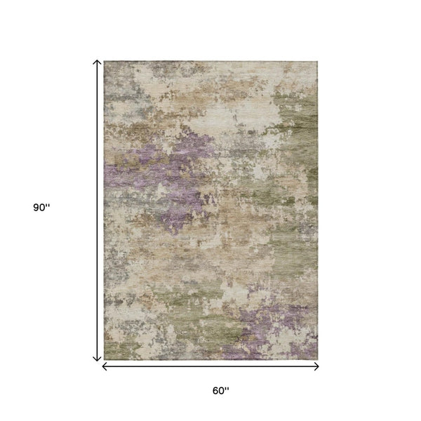HomeRoots 5' Abstract Beige, Green & Purple Washable Area Rug for Indoor & Outdoor High-Traffic Spaces 5' X 8' 630754