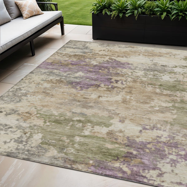 HomeRoots 5' Abstract Beige, Green & Purple Washable Area Rug for Indoor & Outdoor High-Traffic Spaces 5' X 8' 630754