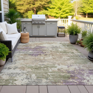HomeRoots 5' Abstract Beige, Green & Purple Washable Area Rug for Indoor & Outdoor High-Traffic Spaces 5' X 8' 630754