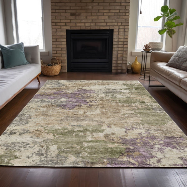 HomeRoots 5' Abstract Beige, Green & Purple Washable Area Rug for Indoor & Outdoor High-Traffic Spaces 5' X 8' 630754