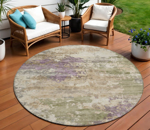 HomeRoots 5' Abstract Beige, Green & Purple Washable Area Rug for Indoor & Outdoor High-Traffic Spaces 8' Round 630755