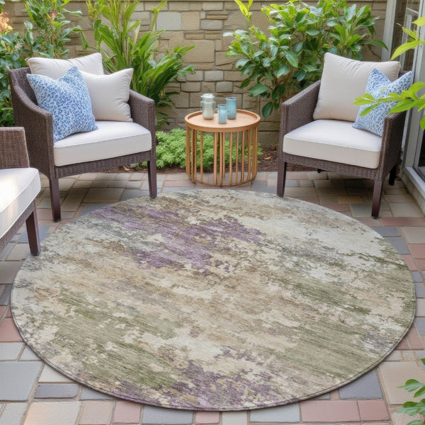 HomeRoots 5' Abstract Beige, Green & Purple Washable Area Rug for Indoor & Outdoor High-Traffic Spaces 8' Round 630755