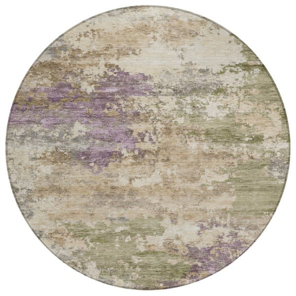 HomeRoots 5' Abstract Beige, Green & Purple Washable Area Rug for Indoor & Outdoor High-Traffic Spaces 8' Round 630755