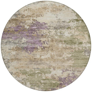 HomeRoots 5' Abstract Beige, Green & Purple Washable Area Rug for Indoor & Outdoor High-Traffic Spaces 8' Round 630755