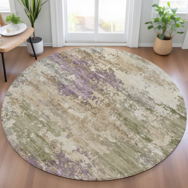 HomeRoots 5' Abstract Beige, Green & Purple Washable Area Rug for Indoor & Outdoor High-Traffic Spaces 8' Round 630755