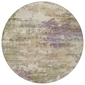 HomeRoots 5' Abstract Beige, Green & Purple Washable Area Rug for Indoor & Outdoor High-Traffic Spaces 8' Round 630755