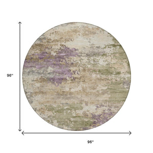 HomeRoots 5' Abstract Beige, Green & Purple Washable Area Rug for Indoor & Outdoor High-Traffic Spaces 8' Round 630755