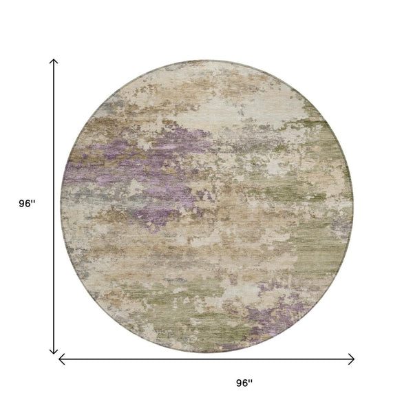 HomeRoots 5' Abstract Beige, Green & Purple Washable Area Rug for Indoor & Outdoor High-Traffic Spaces 8' Round 630755
