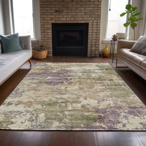 HomeRoots 5' Abstract Beige, Green & Purple Washable Area Rug for Indoor & Outdoor High-Traffic Spaces 8' X 10' 630756