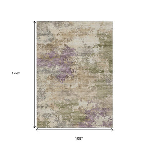 HomeRoots 5' Abstract Beige, Green & Purple Washable Area Rug for Indoor & Outdoor High-Traffic Spaces 9' X 12' 630757