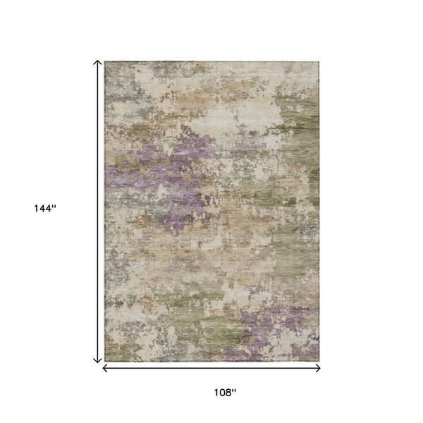 HomeRoots 5' Abstract Beige, Green & Purple Washable Area Rug for Indoor & Outdoor High-Traffic Spaces 9' X 12' 630757