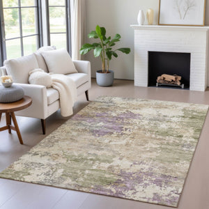 HomeRoots 5' Abstract Beige, Green & Purple Washable Area Rug for Indoor & Outdoor High-Traffic Spaces 9' X 12' 630757