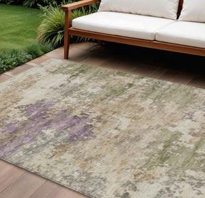HomeRoots 5' Abstract Beige, Green & Purple Washable Area Rug for Indoor & Outdoor High-Traffic Spaces 10' X 14' 630758