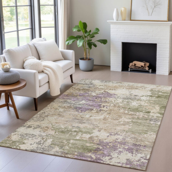 HomeRoots 5' Abstract Beige, Green & Purple Washable Area Rug for Indoor & Outdoor High-Traffic Spaces 10' X 14' 630758