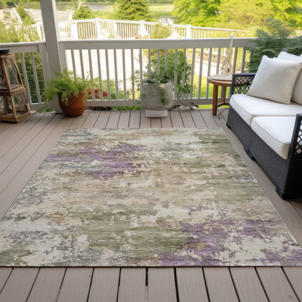 HomeRoots 5' Abstract Beige, Green & Purple Washable Area Rug for Indoor & Outdoor High-Traffic Spaces 10' X 14' 630758