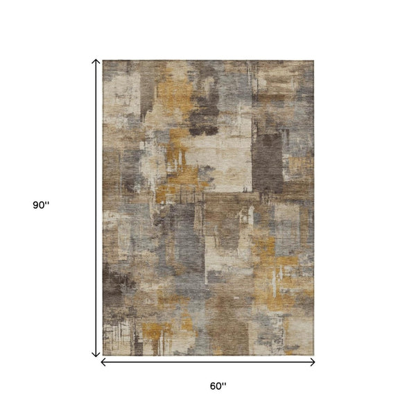 HomeRoots 5' Abstract Washable Indoor Outdoor Area Rug in Brown, Beige, and Charcoal - Durable & Stylish Design 5' X 8' 630760