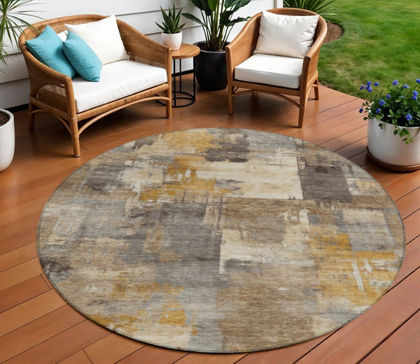 HomeRoots 5' Abstract Washable Indoor Outdoor Area Rug in Brown, Beige, and Charcoal - Durable & Stylish Design 8' Round 630761