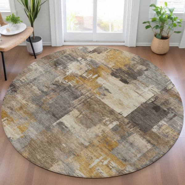 HomeRoots 5' Abstract Washable Indoor Outdoor Area Rug in Brown, Beige, and Charcoal - Durable & Stylish Design 8' Round 630761