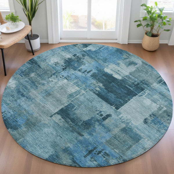HomeRoots 5' Blue and Ivory Abstract Area Rug - Stylish, Durable, and Washable for Indoor and Outdoor Spaces 8' Round 630767