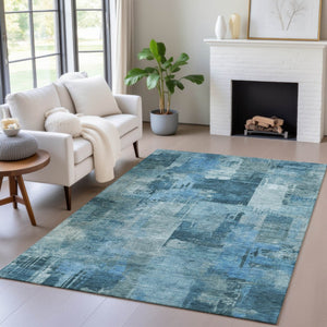 HomeRoots 5' Blue and Ivory Abstract Area Rug - Stylish, Durable, and Washable for Indoor and Outdoor Spaces 10' X 14' 630770