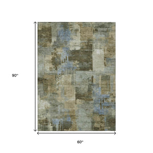HomeRoots 5' Abstract Washable Area Rug in Green, Gray & Sky Blue - Durable Indoor/Outdoor Style and Comfort 5' X 8' 630772