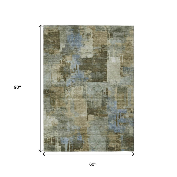 HomeRoots 5' Abstract Washable Area Rug in Green, Gray & Sky Blue - Durable Indoor/Outdoor Style and Comfort 5' X 8' 630772