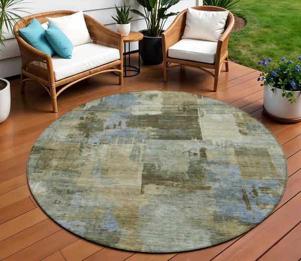 HomeRoots 5' Abstract Washable Area Rug in Green, Gray & Sky Blue - Durable Indoor/Outdoor Style and Comfort 8' Round 630773