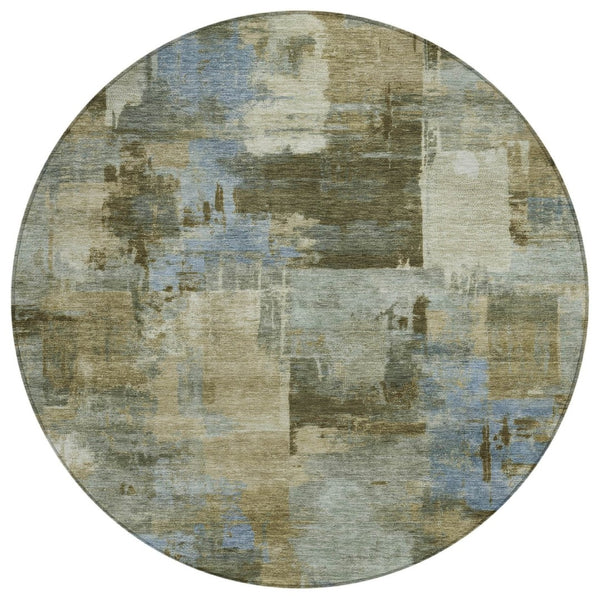 HomeRoots 5' Abstract Washable Area Rug in Green, Gray & Sky Blue - Durable Indoor/Outdoor Style and Comfort 8' Round 630773