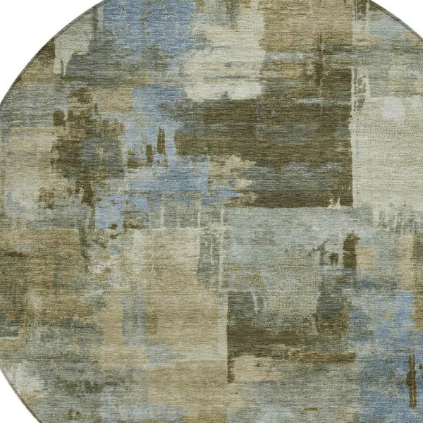 HomeRoots 5' Abstract Washable Area Rug in Green, Gray & Sky Blue - Durable Indoor/Outdoor Style and Comfort 8' Round 630773