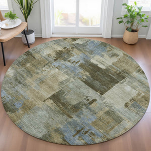 HomeRoots 5' Abstract Washable Area Rug in Green, Gray & Sky Blue - Durable Indoor/Outdoor Style and Comfort 8' Round 630773