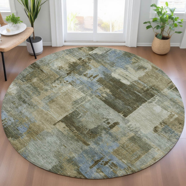 HomeRoots 5' Abstract Washable Area Rug in Green, Gray & Sky Blue - Durable Indoor/Outdoor Style and Comfort 8' Round 630773