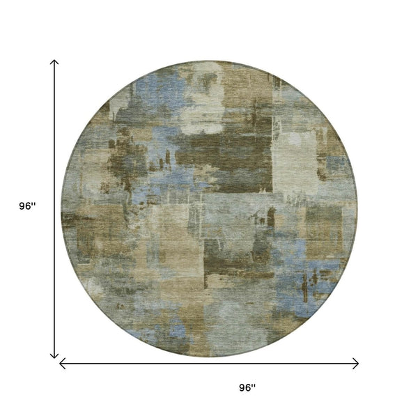 HomeRoots 5' Abstract Washable Area Rug in Green, Gray & Sky Blue - Durable Indoor/Outdoor Style and Comfort 8' Round 630773