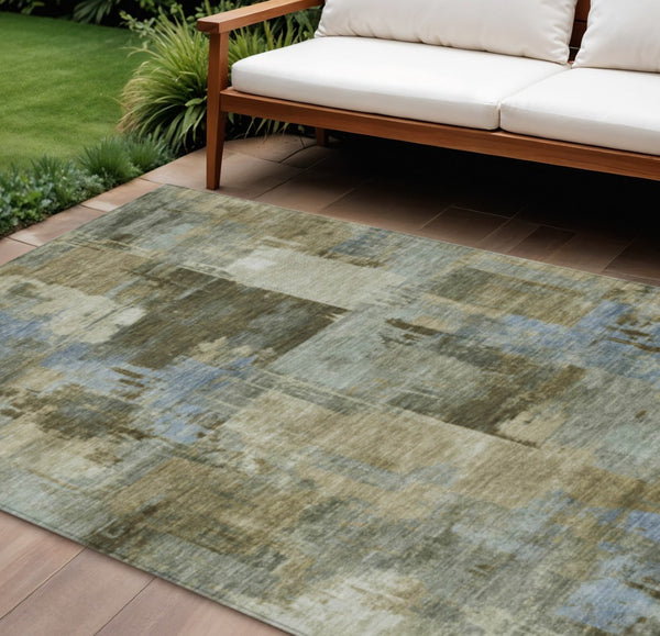 HomeRoots 5' Abstract Washable Area Rug in Green, Gray & Sky Blue - Durable Indoor/Outdoor Style and Comfort 9' X 12' 630775