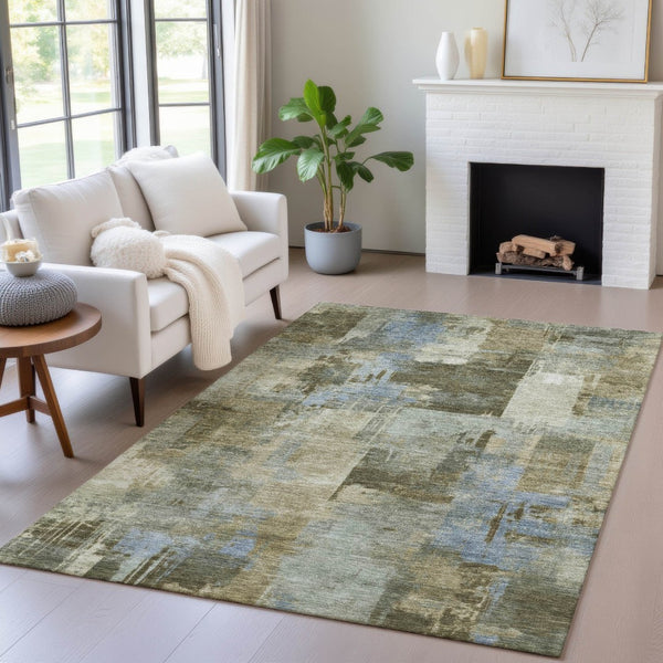 HomeRoots 5' Abstract Washable Area Rug in Green, Gray & Sky Blue - Durable Indoor/Outdoor Style and Comfort 9' X 12' 630775