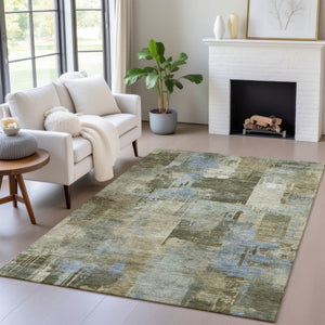 HomeRoots 5' Abstract Washable Area Rug in Green, Gray & Sky Blue - Durable Indoor/Outdoor Style and Comfort 10' X 14' 630776