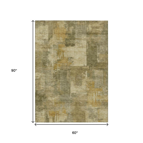 HomeRoots 5' Abstract Washable Area Rug in Khaki Beige and Wheat - Durable for Indoor & Outdoor Use 5' X 8' 630778