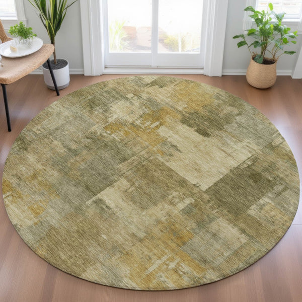 HomeRoots 5' Abstract Washable Area Rug in Khaki Beige and Wheat - Durable for Indoor & Outdoor Use 8' Round 630779