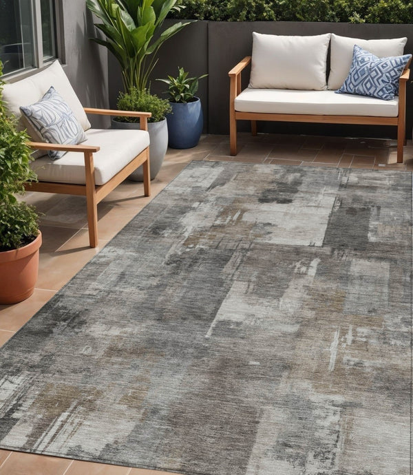 HomeRoots 5' Modern Abstract Washable Area Rug in Pewter, Khaki & Charcoal for Indoor/Outdoor Spaces 5' X 8' 630784