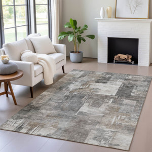 HomeRoots 5' Modern Abstract Washable Area Rug in Pewter, Khaki & Charcoal for Indoor/Outdoor Spaces 5' X 8' 630784